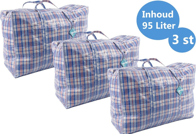 Discountershop® XL Opbergtas 95 liter | Big shopper Jumbo shoppers | Reistas extra groot | Grote boodschappentas | Zak geruit | Mega tas | Wastas | Boodschappentas met rits – 3 stuks -opbergtas