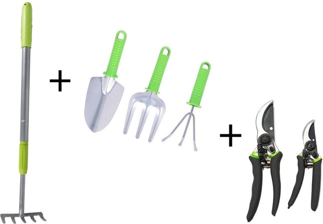 Handige Tuinset 6 delig - 2 Snoeischaren - Hark - schep - schoffel - Telescopische Hark 63-90Cm
