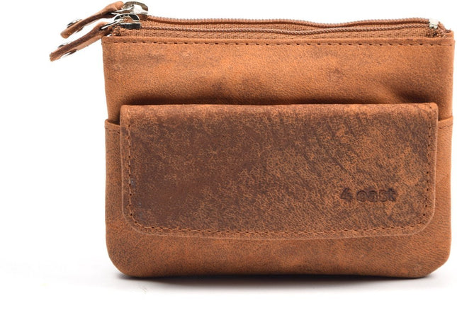 4East® |Sleuteletui portemonnee|Cognac | portemonnee etui - ring portemonnee - pasjeshouder met rits - rits portemonnee - 3 ritsen portemonnee - buffelleer portemonnee - portemonnee met RFID   