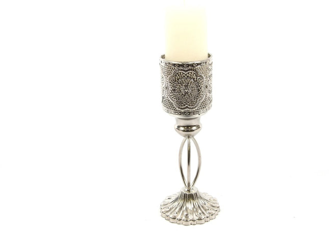 Oosterse Lantaarn | Metalen Kaarsenhouder Zilver | 27cm | Waxinelichthouder | Kandelaar