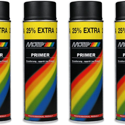 Motip verf primer Grondverf 4 stuks Spuitbus Primer zwart sneldrogend 500 ML voor metaal , hout, aluminium en steen - 25 % EXTRA