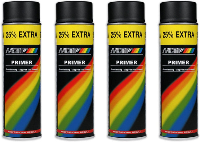 Motip verf primer Grondverf 4 stuks Spuitbus Primer zwart sneldrogend 500 ML voor metaal , hout, aluminium en steen - 25 % EXTRA
