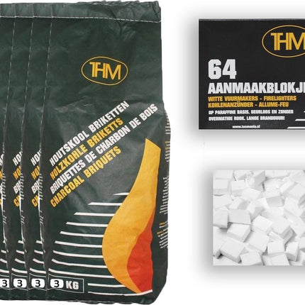 7X houtskoolbriketten van 3 KG inclusief aanmaakblokjes 64 Stuks - Barbecue - BBQ - 7 Stuks - 21 kilogram briketten
