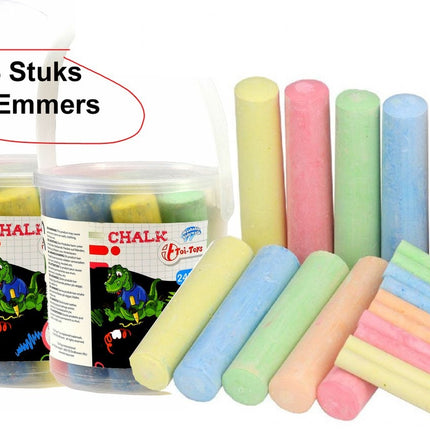 Stoepkrijt 24 stuks met 2 emmers- krijt gekleurd 24 stuks afmeting emmer 12 cm 11.5 diameter |vrolijk Kleuren | Buitenspelen | Artistiek speelgoed - Spelen op straat - Krijten | Pakket schoolkrijt | Kleurplezier |Topper!