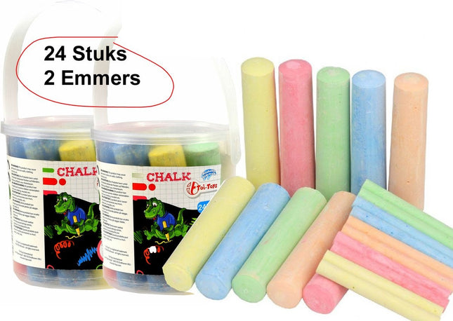 Stoepkrijt 24 stuks met 2 emmers- krijt gekleurd 24 stuks afmeting emmer 12 cm 11.5 diameter |vrolijk Kleuren | Buitenspelen | Artistiek speelgoed - Spelen op straat - Krijten | Pakket schoolkrijt | Kleurplezier |Topper!