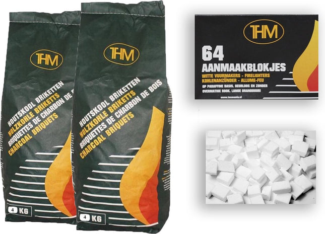 Houtskoolbriketten van 4 KG inclusief aanmaakblokjes 64 Stuks - Barbecue - BBQ - 4x 2 = 8KG Stuks