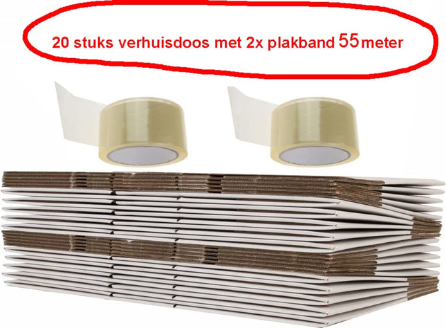 Verhuisdoos - 20 stuks inhoud van 50 liter met 2 x plakband 55 meter - Professioneel, zelfsluitend en stevig 48 x 34 x 33 cm