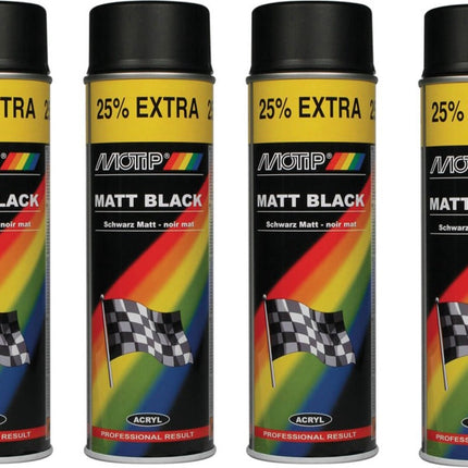 Motip verf 4 stuks spuitverf Mat zwart sneldrogend 500 mL voor metaal , hout, aluminium en steen - 25 % EXTRA 