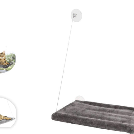 Katten raamhangmat tot 20 kg Ultiem Ontspannen met de Rechthoekige Grijze Raamhangmat Chill: Pluche Comfort voor Jouw Kat