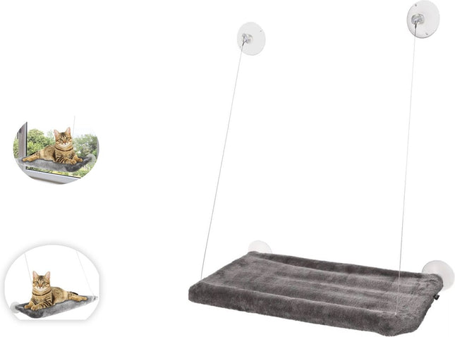 Katten raamhangmat tot 20 kg Ultiem Ontspannen met de Rechthoekige Grijze Raamhangmat Chill: Pluche Comfort voor Jouw Kat
