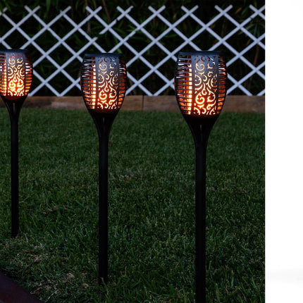 Solarlamp LED vlam 12 lampjes - elektrische fakkel solar LED 48 cm kunststof oranje/zwart - Solar tuinlampen pilaar/paal op zonne-energie - tuinverlichting - Solar LED Tuinverlichting - Tuindecoratie