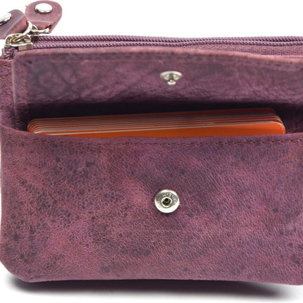 4East® |Sleuteletui portemonnee|paars | portemonnee etui - ring portemonnee - pasjeshouder met rits - rits portemonnee - 3 ritsen portemonnee - buffelleer portemonnee - portemonnee met RFID 