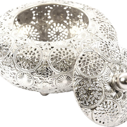 Oosterse Metalen Sieradendoos zilver rond | Juwelendoosje | bewaarblik | Juwelenkistje | Sieradenkistje | Kaarsenhouder | Sieradendoos metaal 16X13CM
