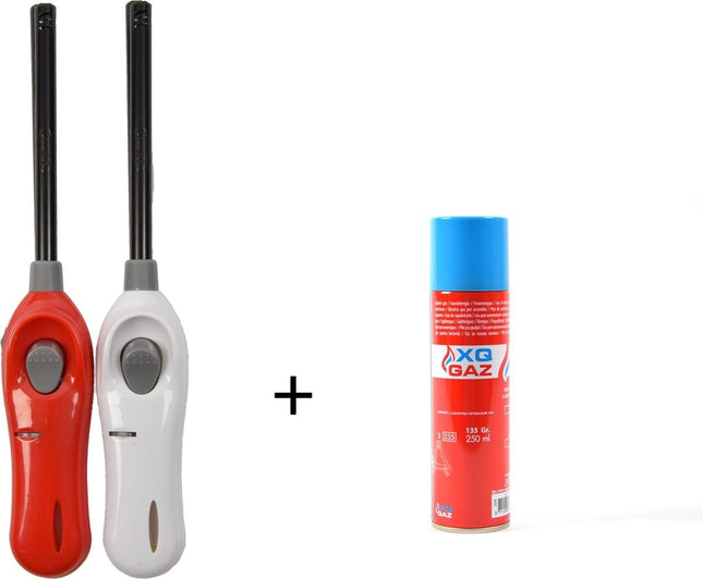 1x Gasbus butaan gasfles 250 ml vulling Incl 2x gasaansteker 26cm barbecue aanstekers