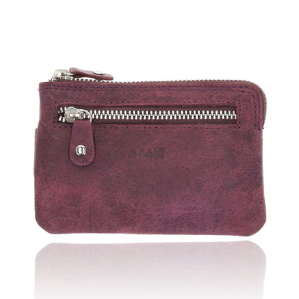 Mini sleutelhanger portemonnee |unisex rfid sleuteletui | kleine portemonnee met rits & pasjehouder | 4 kaartsleuven, 2 sleutelring & muntvak | 12.5x8x1cm - paars 