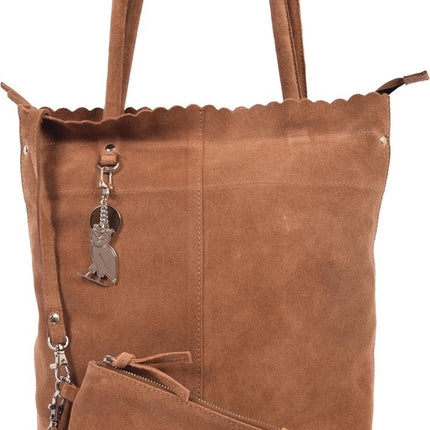 Suéde Shopper,Shopper met een sleutelhanger van 4EAST, Leer shopper met kleine portemonnee Suéde Akko 4east Bruin