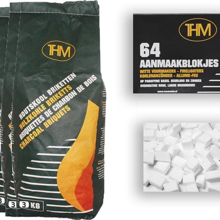 5X houtskoolbriketten van 3 KG inclusief aanmaakblokjes 64 Stuks - Barbecue - BBQ - 5 Stuks - 15 kilogram briketten