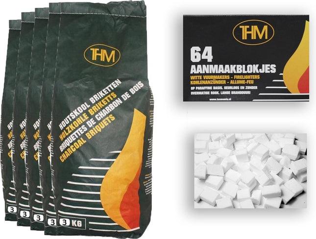 5X houtskoolbriketten van 3 KG inclusief aanmaakblokjes 64 Stuks - Barbecue - BBQ - 5 Stuks - 15 kilogram briketten
