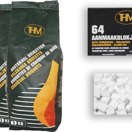 4X houtskoolbriketten van 3 KG inclusief aanmaakblokjes 64 Stuks - Barbecue - BBQ - 4 Stuks - 12 kilogram briketten