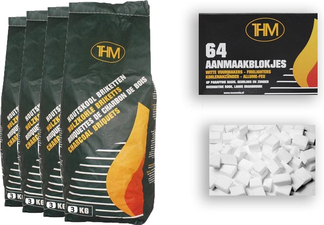 4X houtskoolbriketten van 3 KG inclusief aanmaakblokjes 64 Stuks - Barbecue - BBQ - 4 Stuks - 12 kilogram briketten