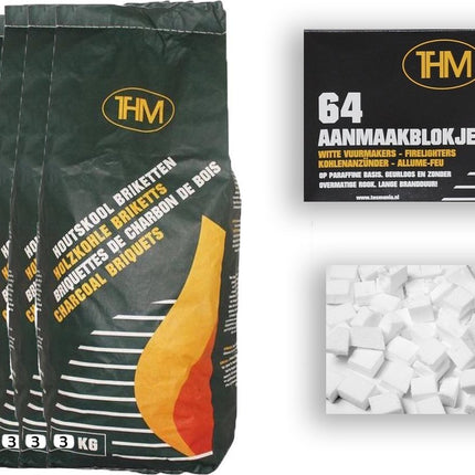 6X houtskoolbriketten van 3 KG inclusief aanmaakblokjes 64 Stuks - Barbecue - BBQ - 6 Stuks - 18 kilogram briketten