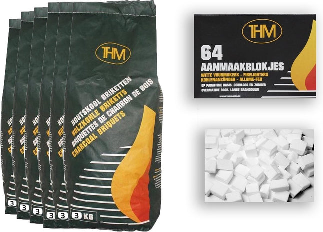 6X houtskoolbriketten van 3 KG inclusief aanmaakblokjes 64 Stuks - Barbecue - BBQ - 6 Stuks - 18 kilogram briketten