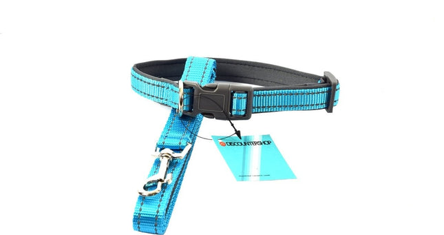 Honden Halsband met uitlaatriem -Blauw - Hondentuig met reflector - Wandelen - Uitlaten - Medium honden - Uitlaatriem 100 cm - Halsband 33 - 50 cm