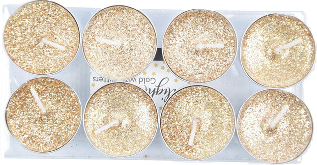 Theelichten met 8 Branduren - Waxinelichtjes - Glitter-theelichten - 8 Theelichten Glitter Goud