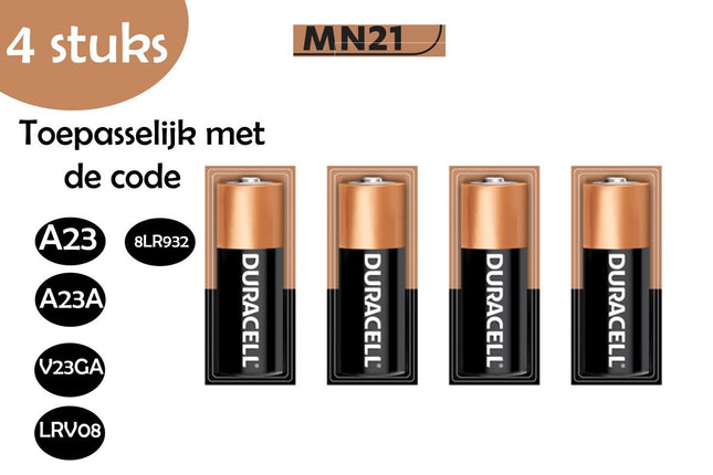 BATTERIJ MN21/A23 - 12 V Long lasting - Langdurig 4 stuks - toepasselijk met code - A23-A23A-V23GA-LRV08-8LR932