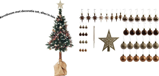 Compleet kerstboom met decoratie set | alles in één | Kerstboom 180 cm natuurlijke houten stam |Kerstverlichting 384 Led | 45 set kerstballen met piek Goud | met kerstbalhaakjes 50 stuks