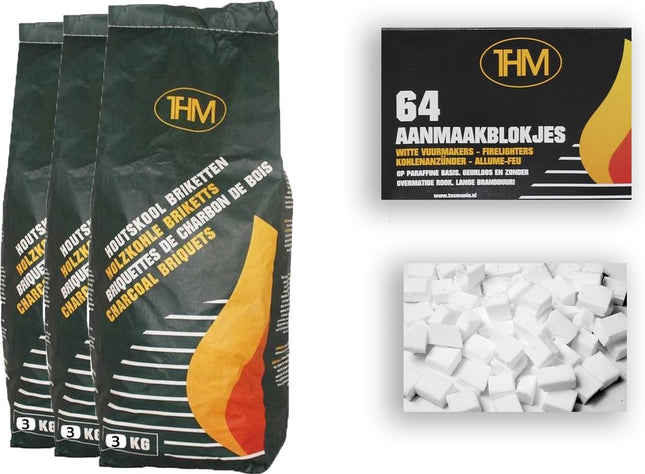 3X houtskoolbriketten van 3 KG inclusief aanmaakblokjes 64 Stuks - Barbecue - BBQ - 3x 3 = 9KG Stuks