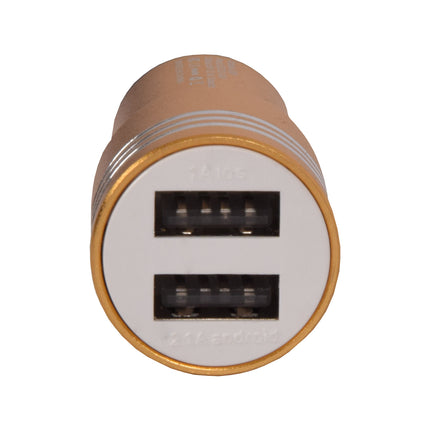 Opladers | Goud | Auto Oplader | 2 Poorten | Dubbele USB Poort | Model C08 | Snel Opladen | 5V Output – 12V AutoACCU Input