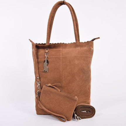 Suéde Shopper,Shopper met een sleutelhanger van 4EAST, Leer shopper met kleine portemonnee Suéde Akko 4east Bruin