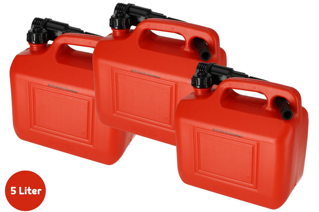 3x Kunststof Brandstof Jerrycan - 5 Liter Rood - Benzinekan met Schenktuit en Kraan - Voor Benzine, Diesel, Petrol & Meer - Heavy Duty
