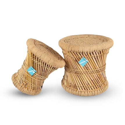 Lichtbruine Bamboe Salontafels Set van 2 | Grote en Kleine Tafel | 37.5cm en 30.5 cm | Multifunctionele Krukjes en Zitmeubelen