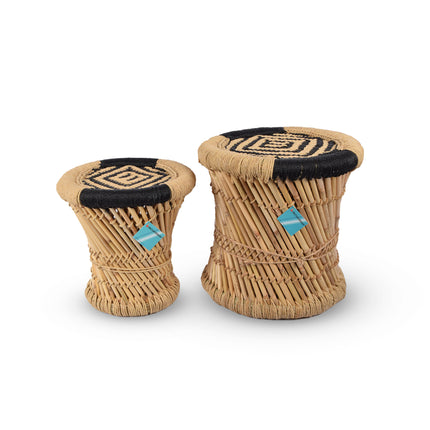 Set van 2 Lichtbruine/Zwarte Bamboe Salontafels | Grote Tafel 37.5cm | Kleine Tafel 30.5cm | Gebruik Voor Perfecte Zitopstelling
