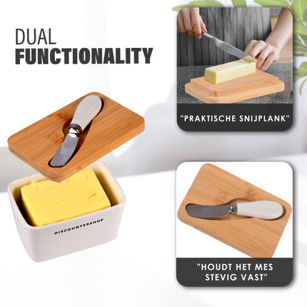 Botervloot  met Multifunctioneel Botermes | Botervloot met Bamboe Deksel | Boterdoos in Wit & Beige | Keramiek Botervloot  | 14 cm x 9.5cm x 8.5cm | 500ml - 3 stuks