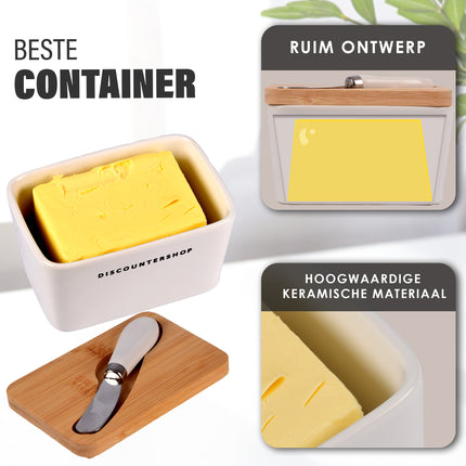 Botervloot  met Multifunctioneel Botermes | Botervloot met Bamboe Deksel | Boterdoos in Wit & Beige | Keramiek Botervloot  | 14 cm x 9.5cm x 8.5cm | 500ml - 3 stuks