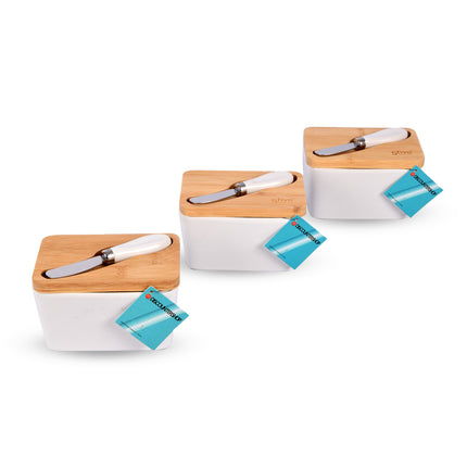 Botervloot  met Multifunctioneel Botermes | Botervloot met Bamboe Deksel | Boterdoos in Wit & Beige | Keramiek Botervloot  | 14 cm x 9.5cm x 8.5cm | 500ml - 3 stuks