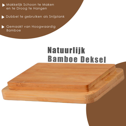 Botervloot  met Multifunctioneel Botermes | Botervloot met Bamboe Deksel | Boterdoos in Wit & Beige | Keramiek Botervloot  | 14 cm x 9.5cm x 8.5cm | 500ml - 3 stuks