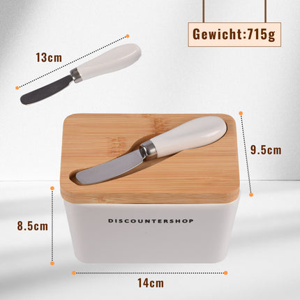 Botervloot  met Multifunctioneel Botermes | Botervloot met Bamboe Deksel | Boterdoos in Wit & Beige | Keramiek Botervloot  | 14 cm x 9.5cm x 8.5cm | 500ml - 3 stuks