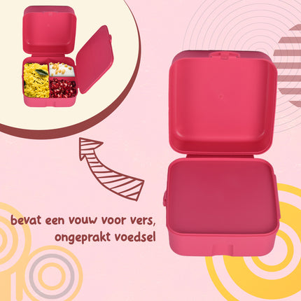 Broodtrommel| Brooddoos | voor Meisjes | BPA Vrij | 1.5 liter | Met 3-Vakken | Roze | Lunchtrommel | 14cm*8cm*14cm