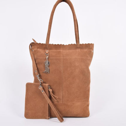 Suéde Shopper,Shopper met een sleutelhanger van 4EAST, Leer shopper met kleine portemonnee Suéde Akko 4east Bruin