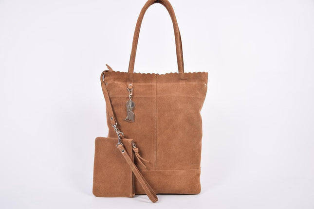 Suéde Shopper,Shopper met een sleutelhanger van 4EAST, Leer shopper met kleine portemonnee Suéde Akko 4east Bruin