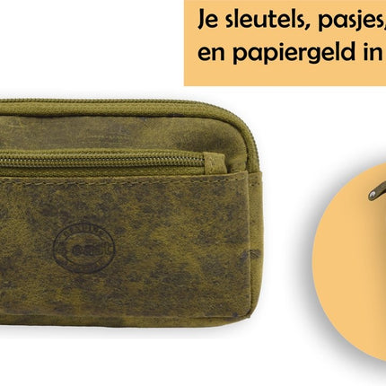 Autosleutel RFID Antidiefstal Sleutel Etui- RFID ALLEEN JE PASJES - Hoesje Sleuteletui portemonnee - portemonnee etui - ring portemonnee - pasjeshouder met rits - rits portemonnee - 3 ritsen portemonnee - buffelleer -4E-009 -Olive