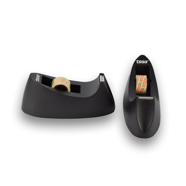 2-Pack Plakbandhouders en Dispensers: Zwart en Zilver - 19cm x 7.5cm - Sterke Kleefkracht - Inclusief 2 Rollen Tesafilm Plakband