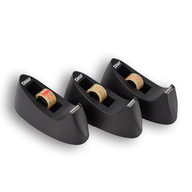 Trio van Plakbandhouders en Dispensers: Zwart en Zilver - Sterke Kleefkracht - 19cm x 7.5cm - Inclusief 3 Rollen Tesafilm Plakband