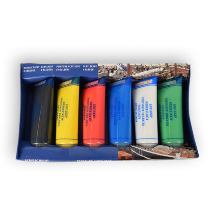 Acrylverf set – 6 tubes - Waterbestendig - wit,rood,blauw,groen,geel,zwart - Verf set – hobbywinkel – 3.5cm x 4.5cm x 15cm