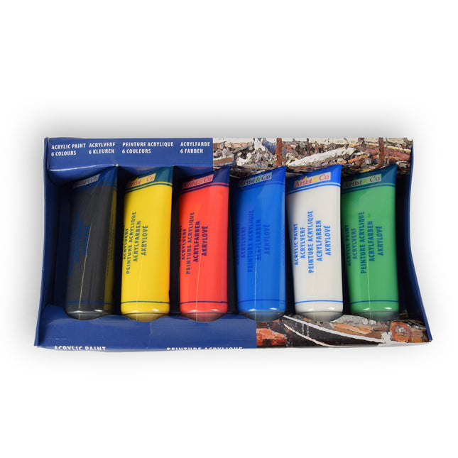 Acrylverf set – 6 tubes - Waterbestendig - wit,rood,blauw,groen,geel,zwart - Verf set – hobbywinkel – 3.5cm x 4.5cm x 15cm