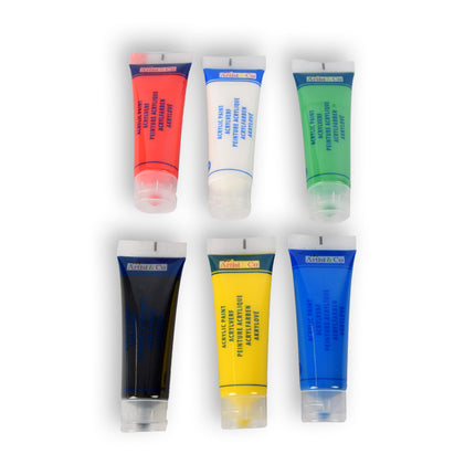 Acrylverf set – 6 tubes - Waterbestendig - wit,rood,blauw,groen,geel,zwart - Verf set – hobbywinkel – 3.5cm x 4.5cm x 15cm